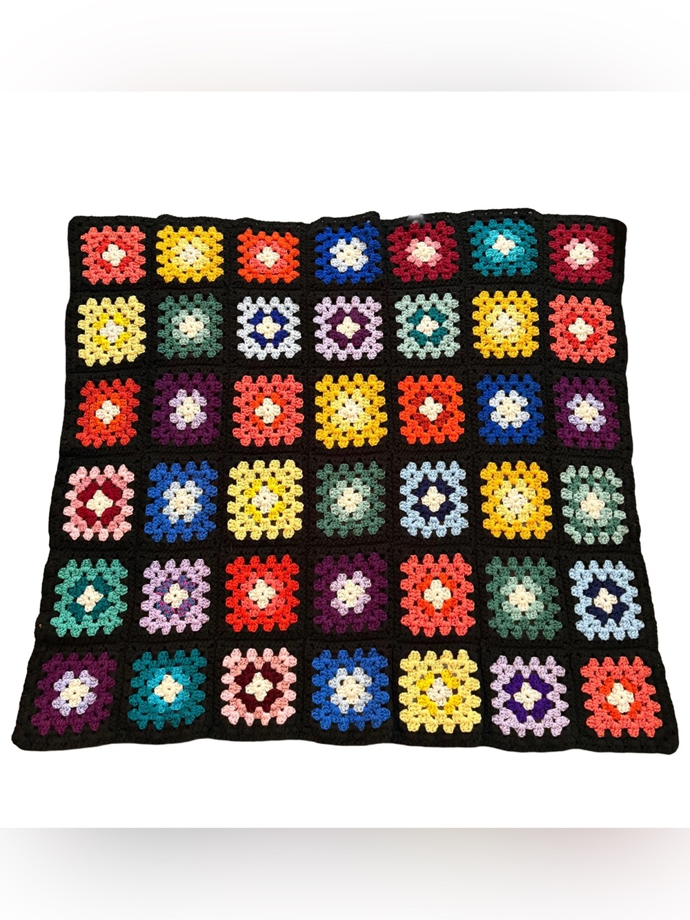Handmade Multicolor Crochet Granny Square Throw Blanket with Black Border